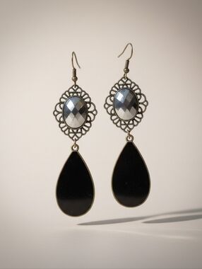 Elegant Black Teardrop Filigree Dangle Earrings